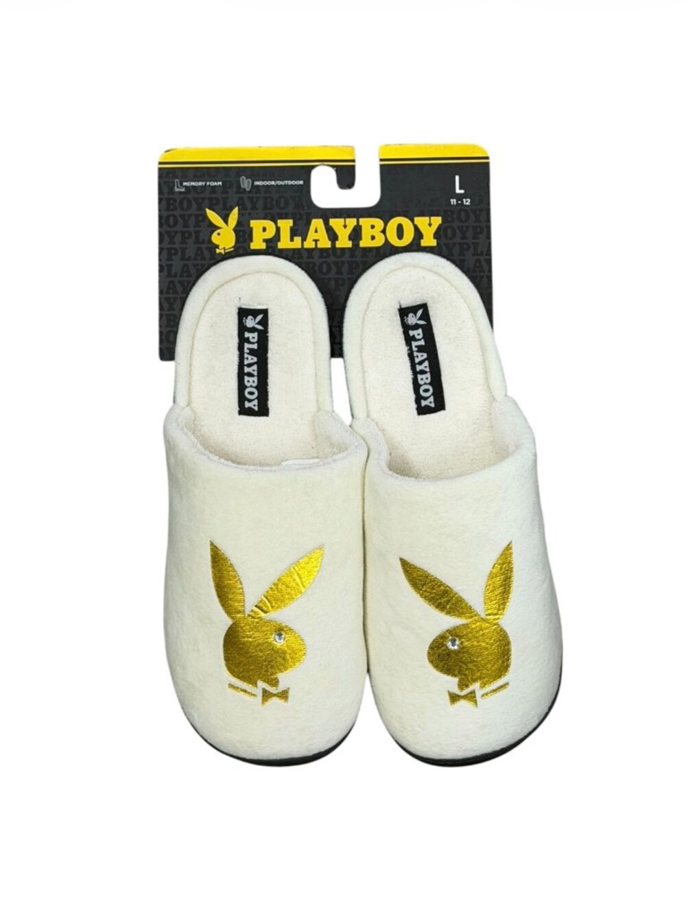 Playboy Mens Slippers Size L 11-12 Off White Metallic Gold Bunny Rhinestone Y2K